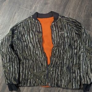 Vintage Cabela's Men's Woodland Camouflage Jacket with Bright Orange Interior